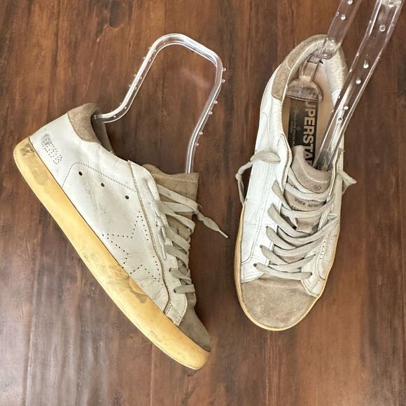 GOLDEN GOOSE Men's Super-Star w Perforated Star White/Taupe Leather/Suede - Picture 4 of 14